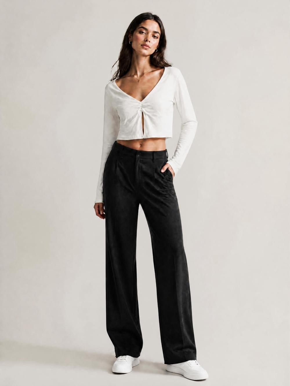 Brandy Melville White Cropped Long Sleeve Knot Front Top